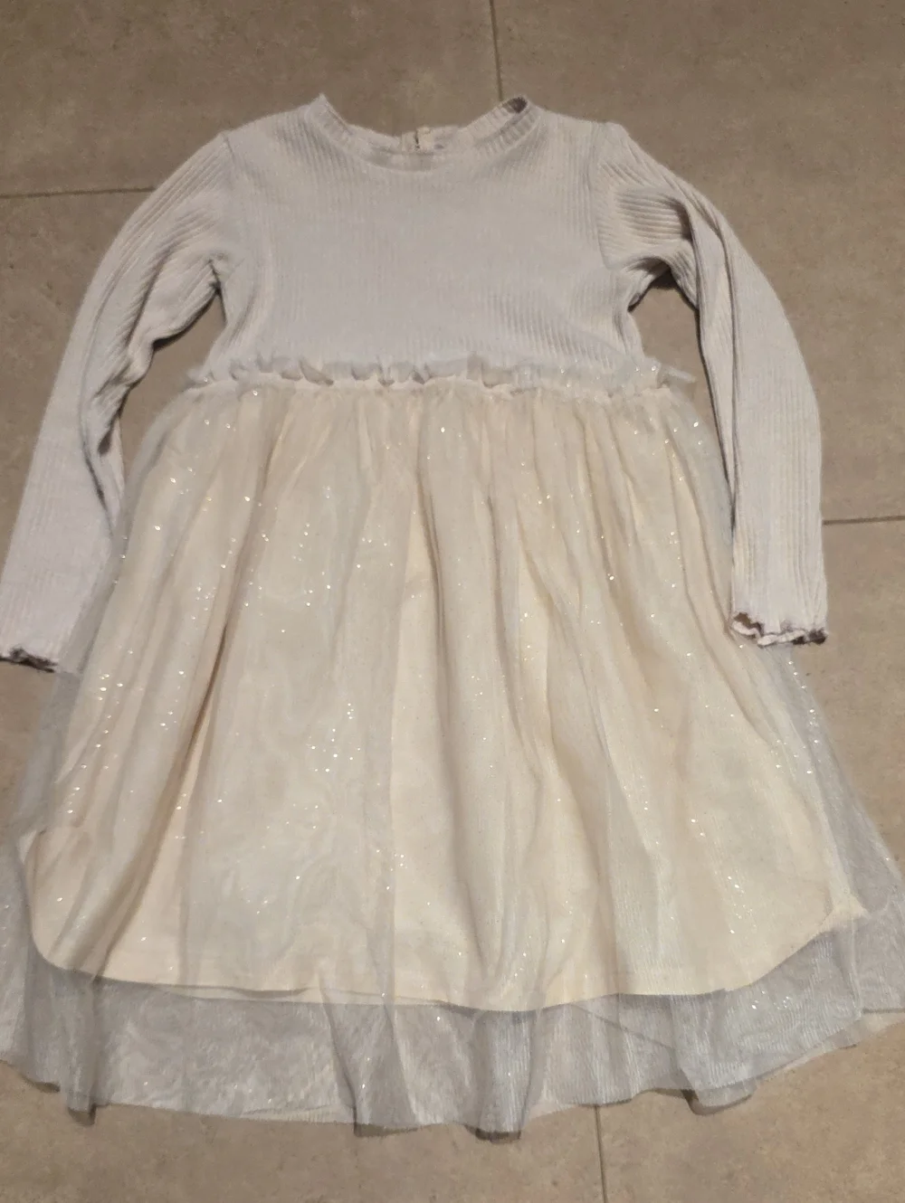 Zara Girls' Cream Sparkle Tulle Dress - Long Sleeve. Size 4-5 years